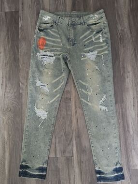 Men's Distressed Olive Green Paint-Splatter Jeans